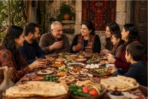 Armenian family gathering around a traditional dinner table with lavash and homemade food