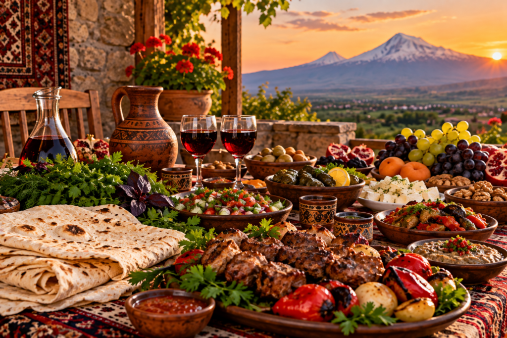 Traditional Armenian hospitality table with lavash, grilled meat, fruit and wine