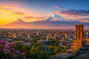 Panoramic sunset view of Yerevan with Mount Ararat and the Armenian Opera Theatre