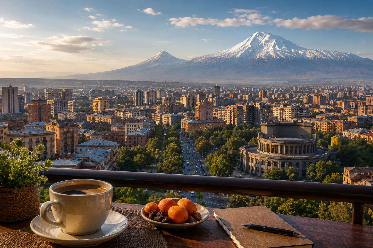 Panoramic view of Yerevan with Mount Ararat and morning coffee on a balcony terrace