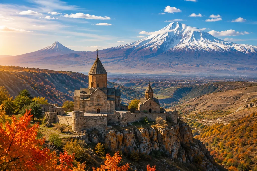 Ancient Armenian monastery in the mountains with Mount Ararat during autumn