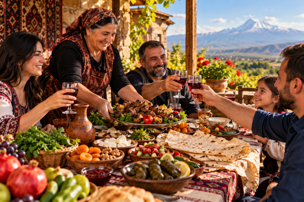 Family sharing a traditional Armenian meal and raising a toast