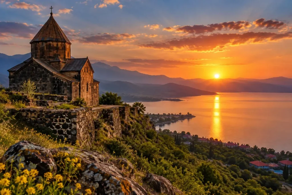 Traveler walking through a traditional Armenian mountain village