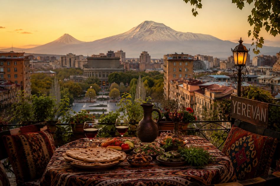 Traditional Armenian dinner with Yerevan city view and Mount Ararat at sunset