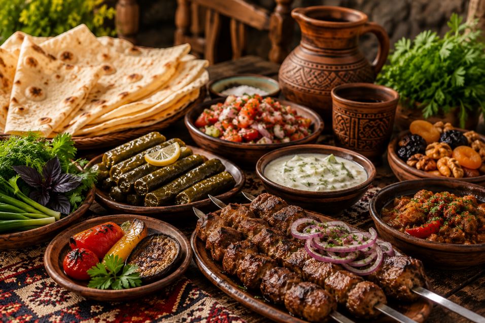 Armenian dolma, lavash, khorovats and fresh herbs on a traditional table
