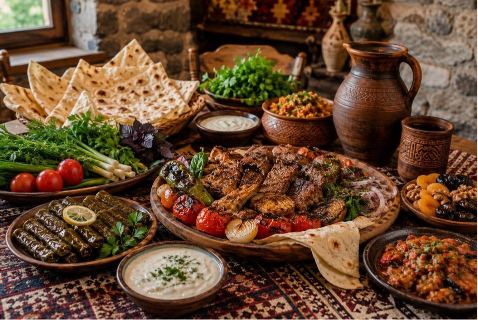 Traditional Armenian hospitality table with khorovats, dolma, lavash and fresh herbs