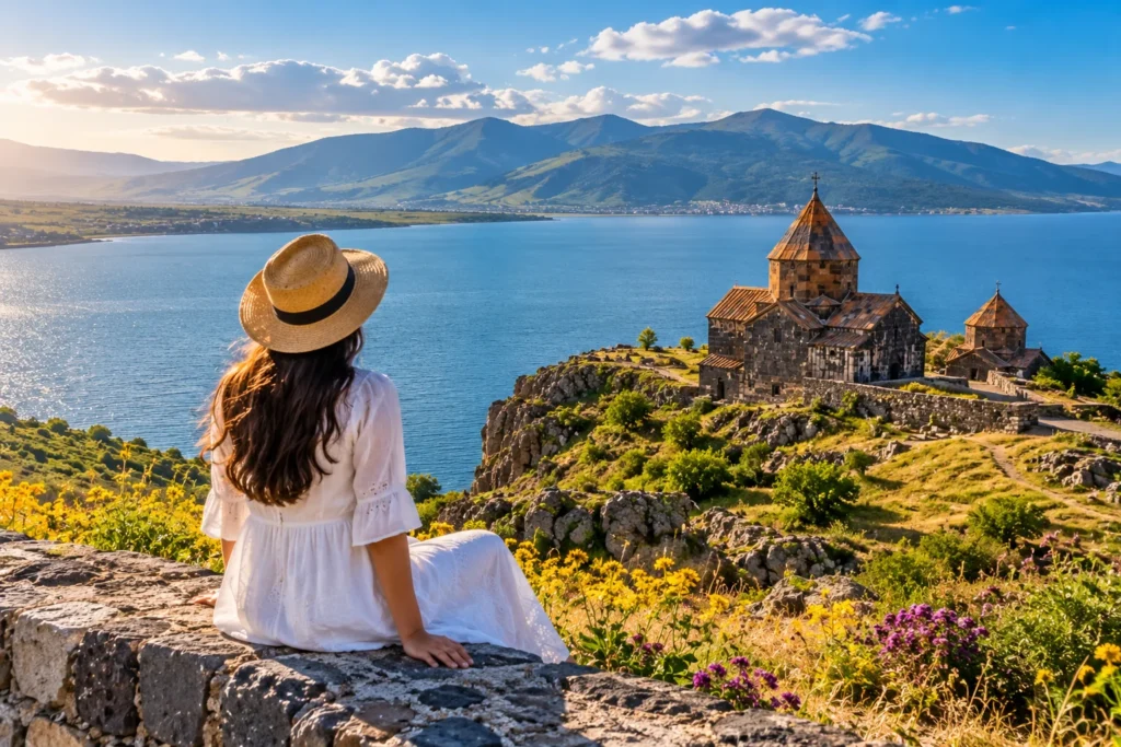 Traveler overlooking a mountain lake and ancient Armenian monastery
