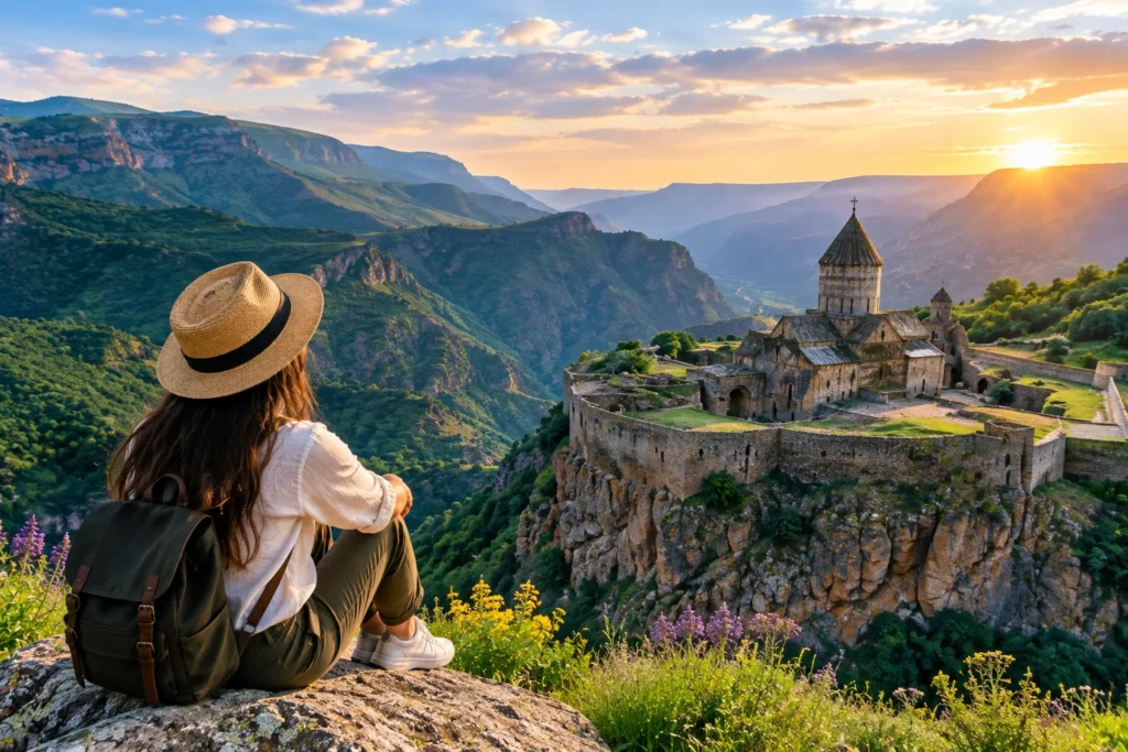 Traveler overlooking an ancient Armenian monastery in a mountain valley