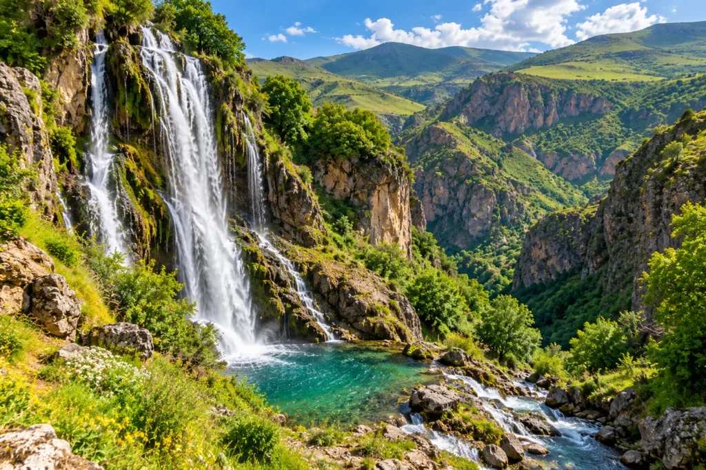 Mountain waterfall in a dramatic green canyon in Armenia