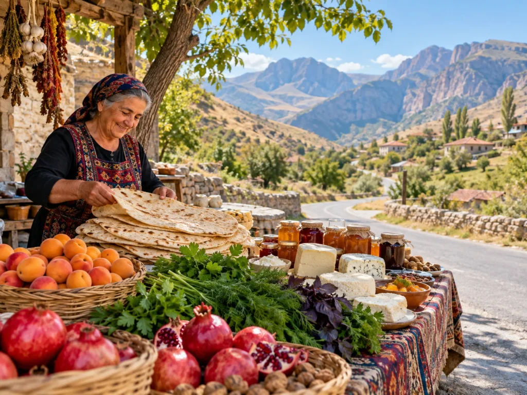 Traditional Armenian food and local produce at a village roadside market