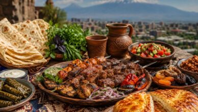 Armenian food table with lavash, khorovats, dolma, herbs and Mount Ararat view