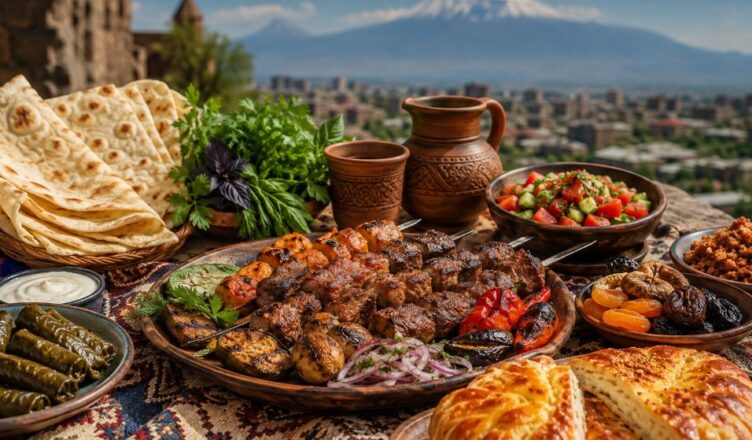 Armenian food table with lavash, khorovats, dolma, herbs and Mount Ararat view
