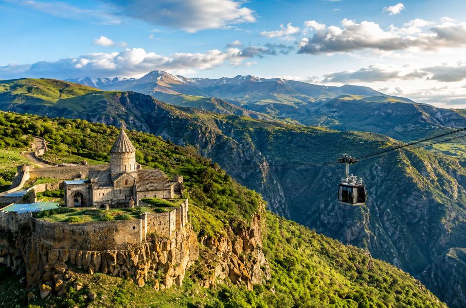 Tatev Monastery and Wings of Tatev cable car above Vorotan Gorge in Armenia