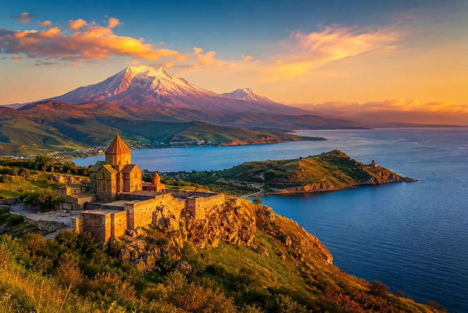Destination Armenia travel guide featuring Mount Ararat, Lake Sevan and ancient monastery