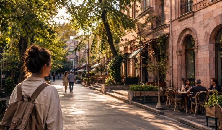 Quiet morning street in Yerevan with cafés, pink stone buildings and people walking slowly