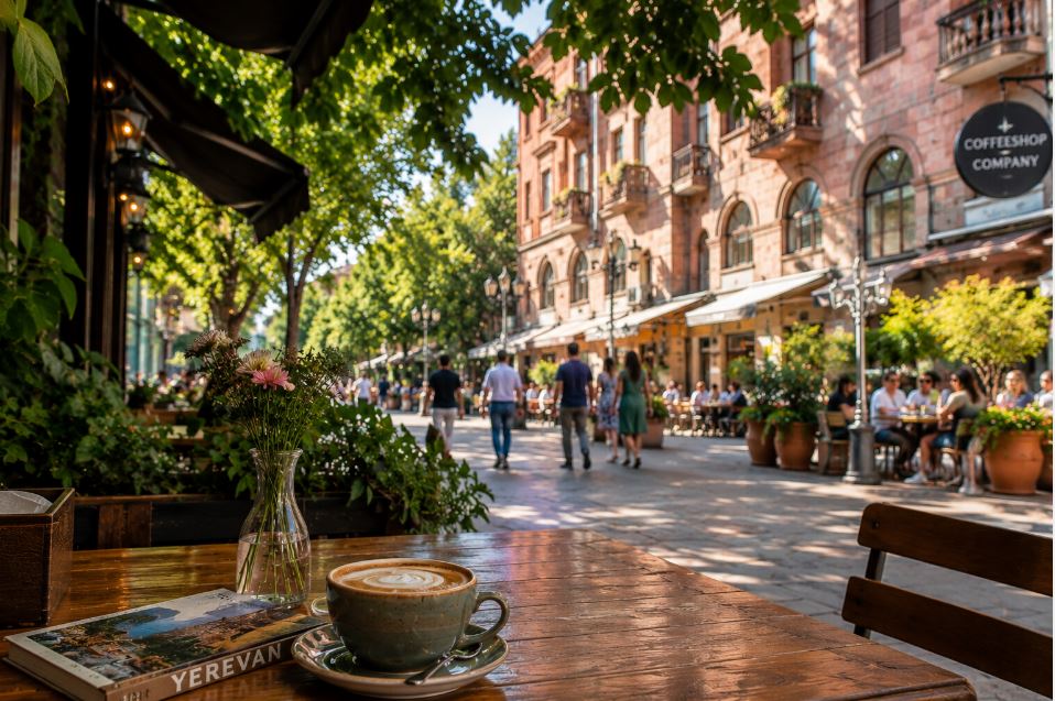 Cup of coffee on an outdoor café table in Yerevan with people walking on a sunny street