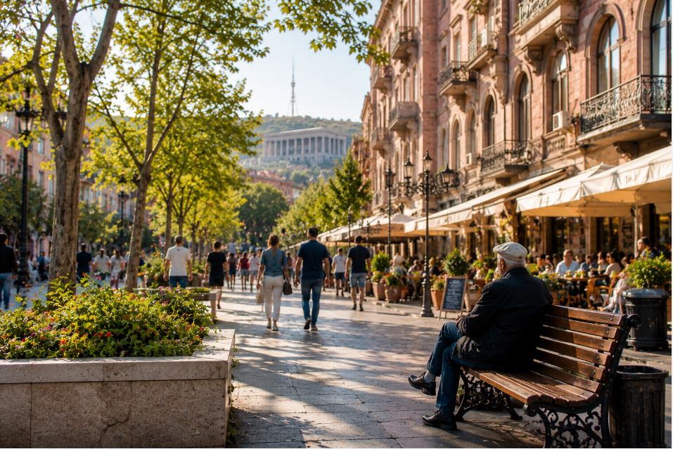 People walking along a sunny tree-lined street in Yerevan with outdoor cafés and benches