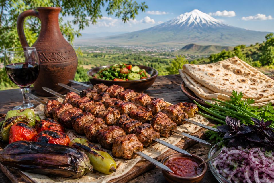 Traditional Armenian khorovats served outdoors in Armenian countryside with Mount Ararat view