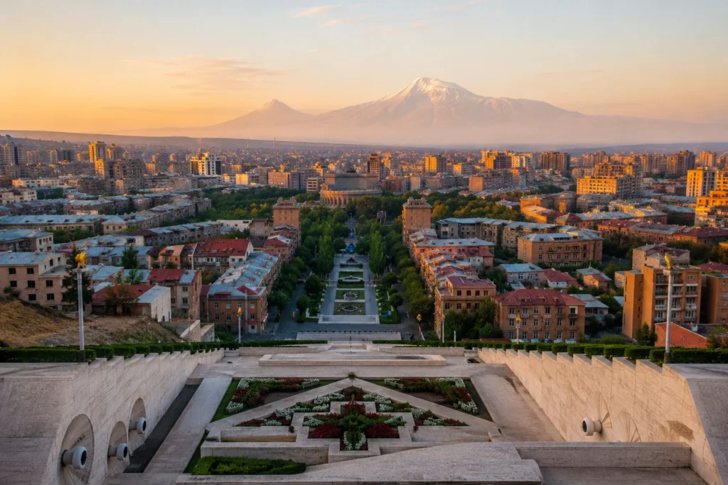 Panoramic early-morning view of Yerevan from the Cascade with Mount Ararat in the distance