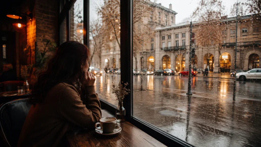 Traveler sitting by a café window in Yerevan while it rains outside
