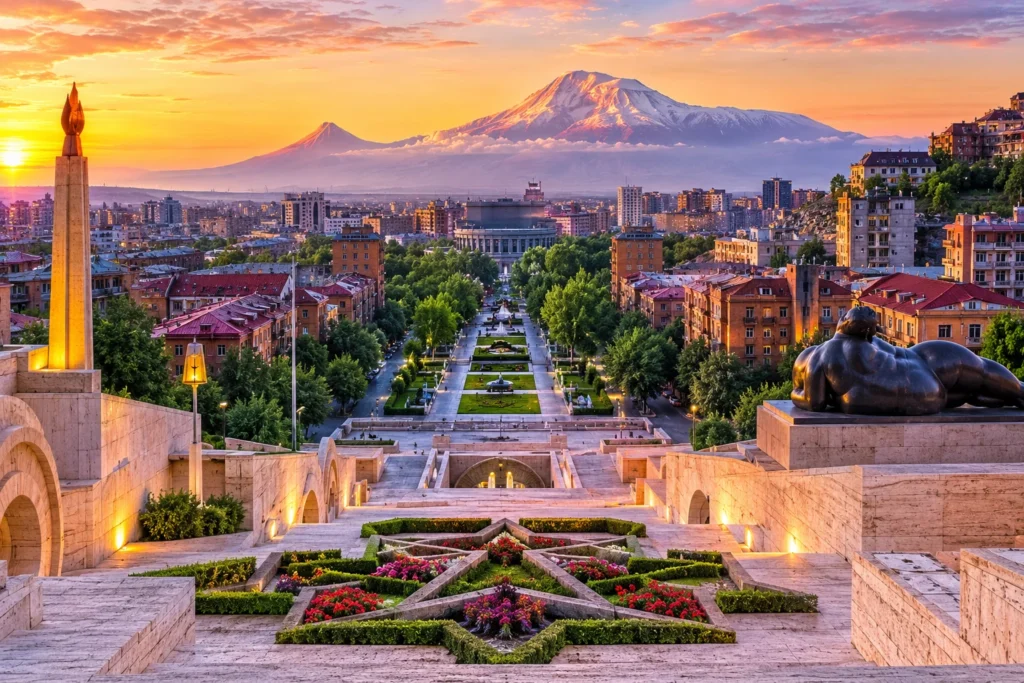 Early morning view from the Cascade overlooking Yerevan and Mount Ararat