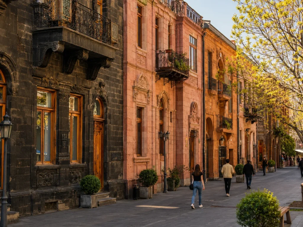 Black and pink tuff buildings on a historic street in Yerevan