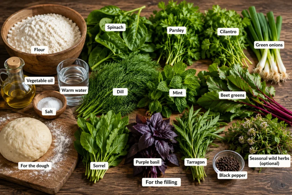 Fresh ingredients for traditional Armenian Zhingyalov Hats including herbs, flour, and green onions