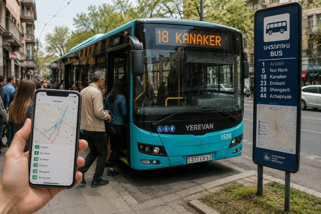 Tourist using smartphone navigation while boarding a city bus in Yerevan