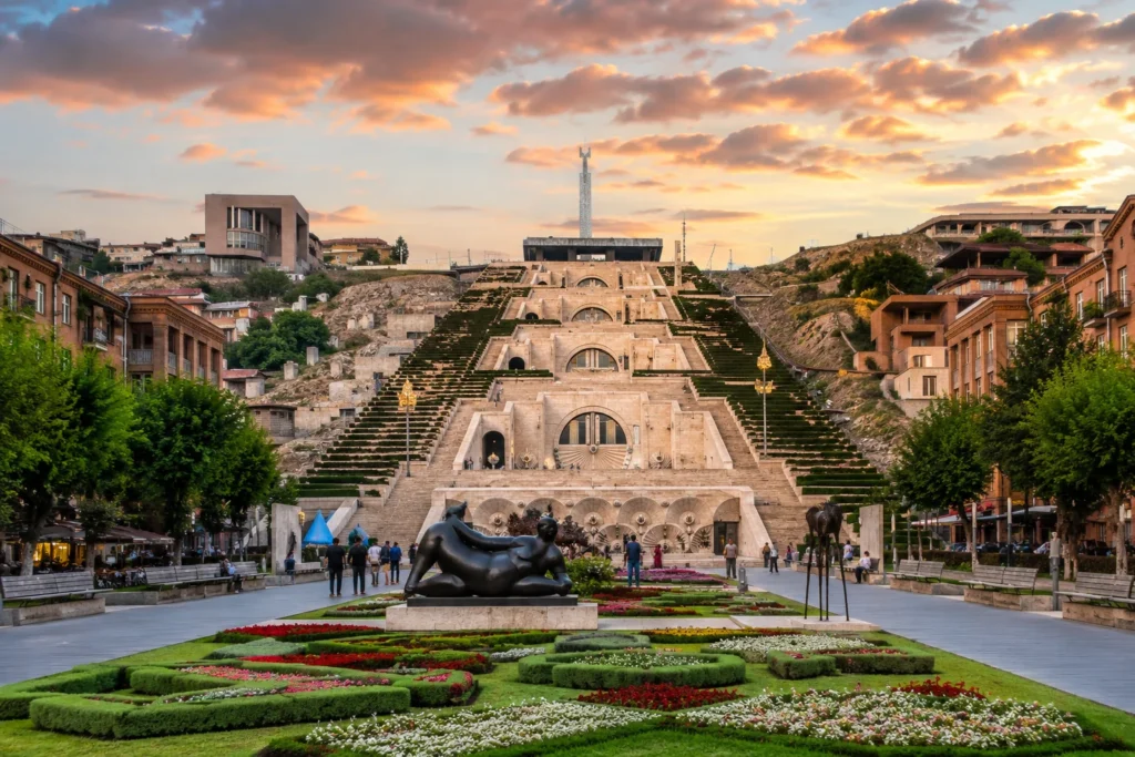 Yerevan Cascade complex at sunset with gardens and city views