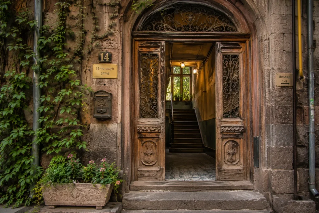 Historic wooden entrance of an old residential building in Yerevan