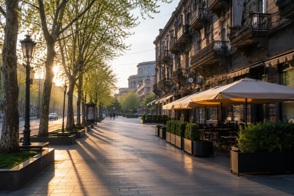 Quiet early-morning street in central Yerevan with cafés, trees and historic stone buildings