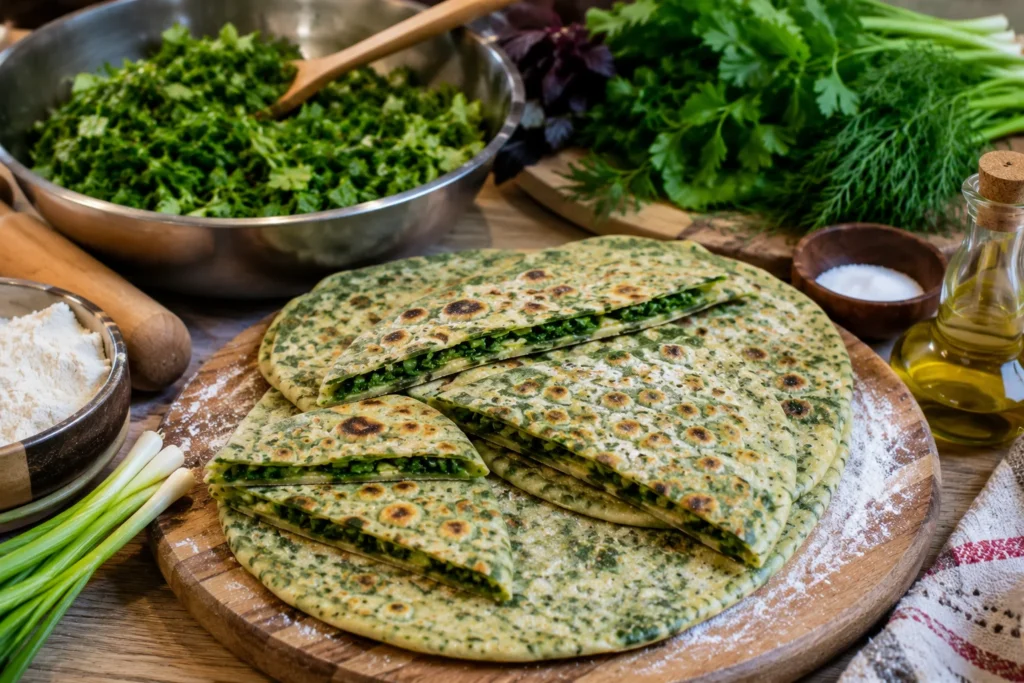 Authentic Armenian Zhingyalov Hats being prepared with fresh herbs and homemade dough