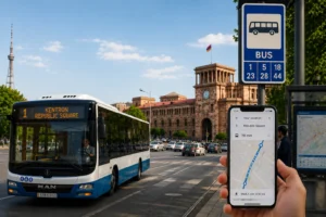 Public transport in Yerevan with a city bus, bus stop and smartphone navigation