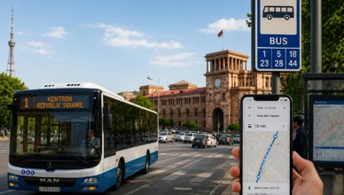Public transport in Yerevan with a city bus, bus stop and smartphone navigation