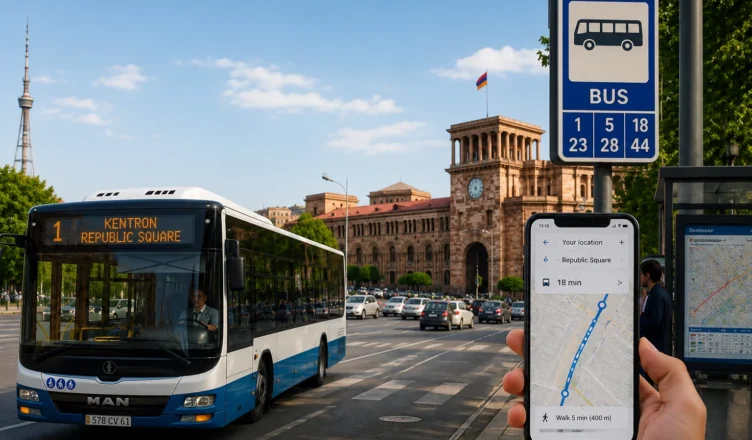 Public transport in Yerevan with a city bus, bus stop and smartphone navigation