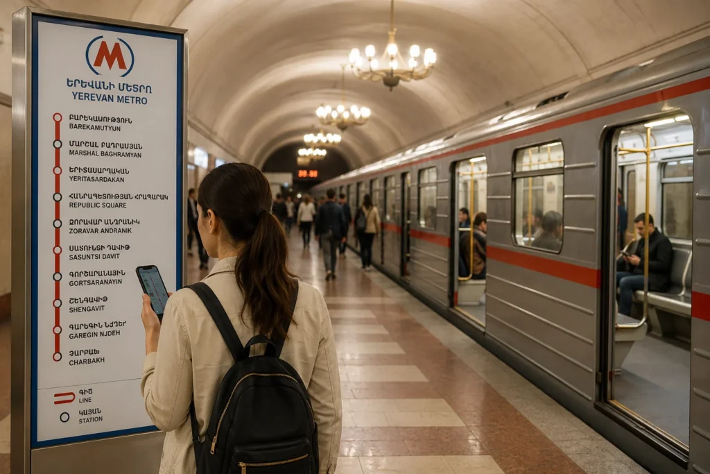 Tourist using the Yerevan Metro with a station map and smartphone navigation