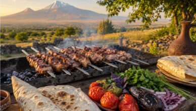 Traditional Armenian Khorovats barbecue with lavash and grilled vegetables in Armenia