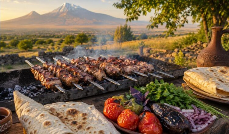 Traditional Armenian Khorovats barbecue with lavash and grilled vegetables in Armenia