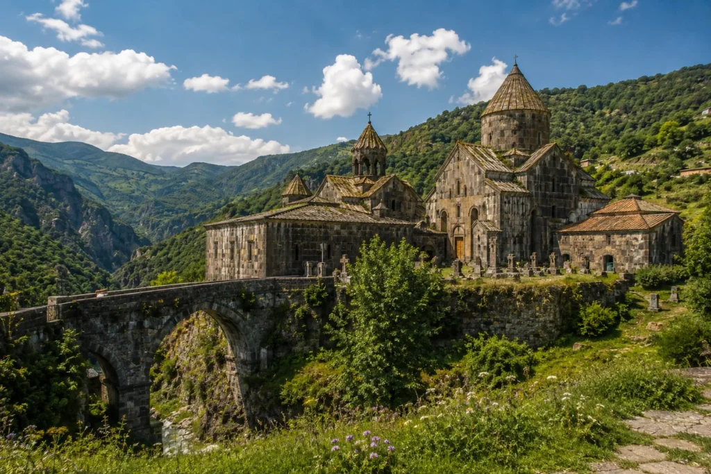 Sanahin Monastery in Lori Armenia surrounded by green mountains