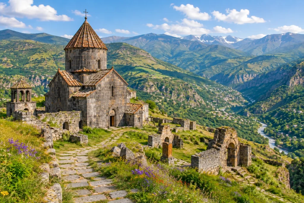 Kobayr Monastery ruins in Lori Armenia surrounded by mountains