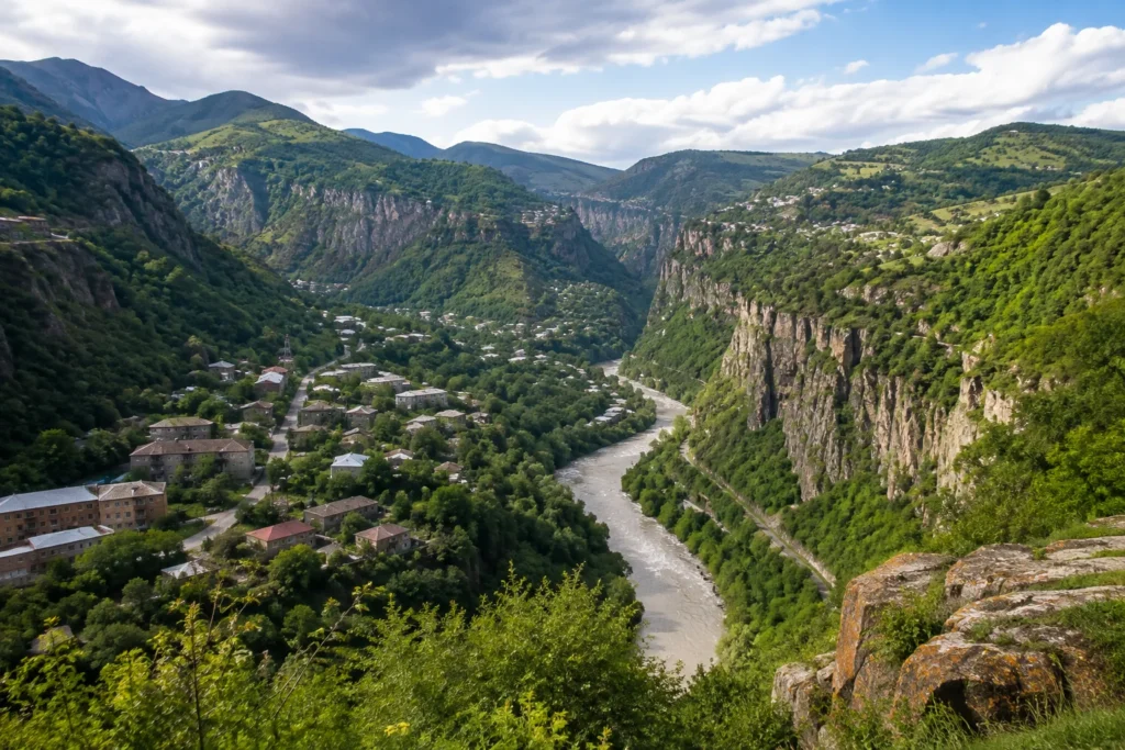 Debed Canyon in Lori Armenia with river and mountain villages