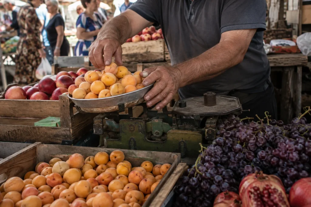 Fruit vendor weighing fresh apricots at a local market in Yerevan, Armenia