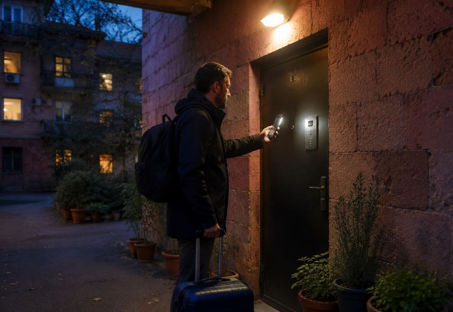 Traveler using a smartphone to find an apartment intercom in Yerevan at night