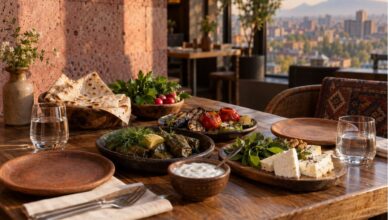 Traditional Armenian food served at a restaurant overlooking Yerevan