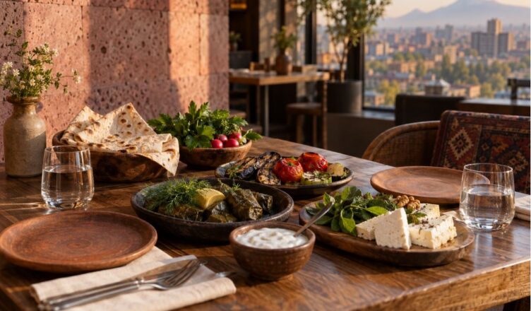 Traditional Armenian food served at a restaurant overlooking Yerevan