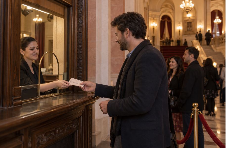 Visitor buying theatre tickets at a box office in Yerevan
