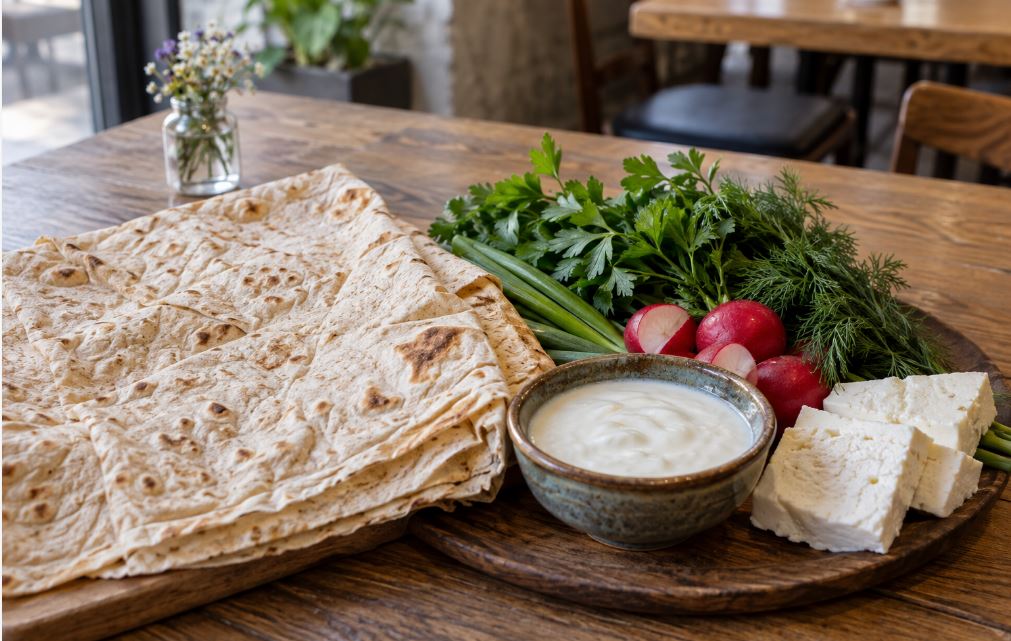 Armenian lavash served with fresh herbs, white cheese and matsun in Yerevan