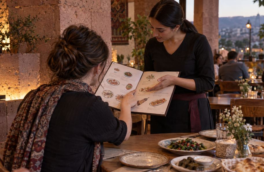 Traveler ordering Armenian food with help from a restaurant server in Yerevan