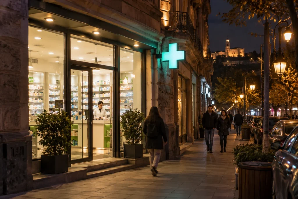 Illuminated pharmacy open at night on a street in Yerevan