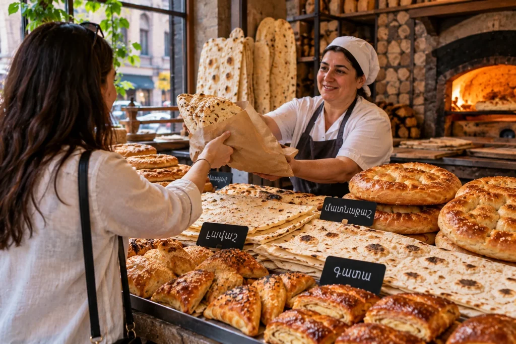 Customer ordering fresh bread inside a Yerevan bakery